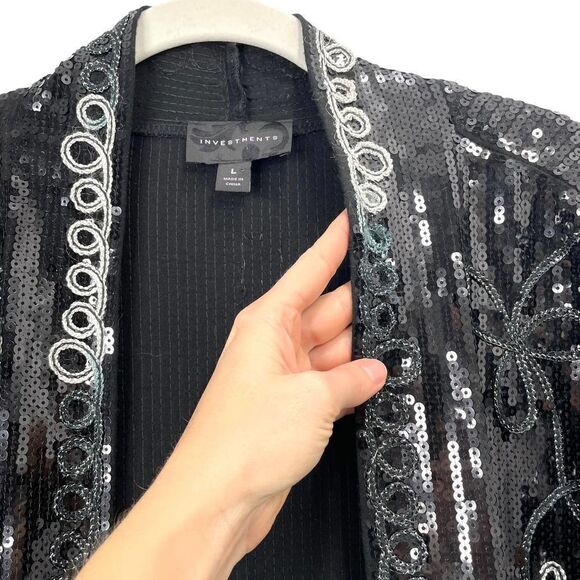 Investments Black Silver Embroidered Sequin Blazer Jacket Sz L - Picture 5 of 9